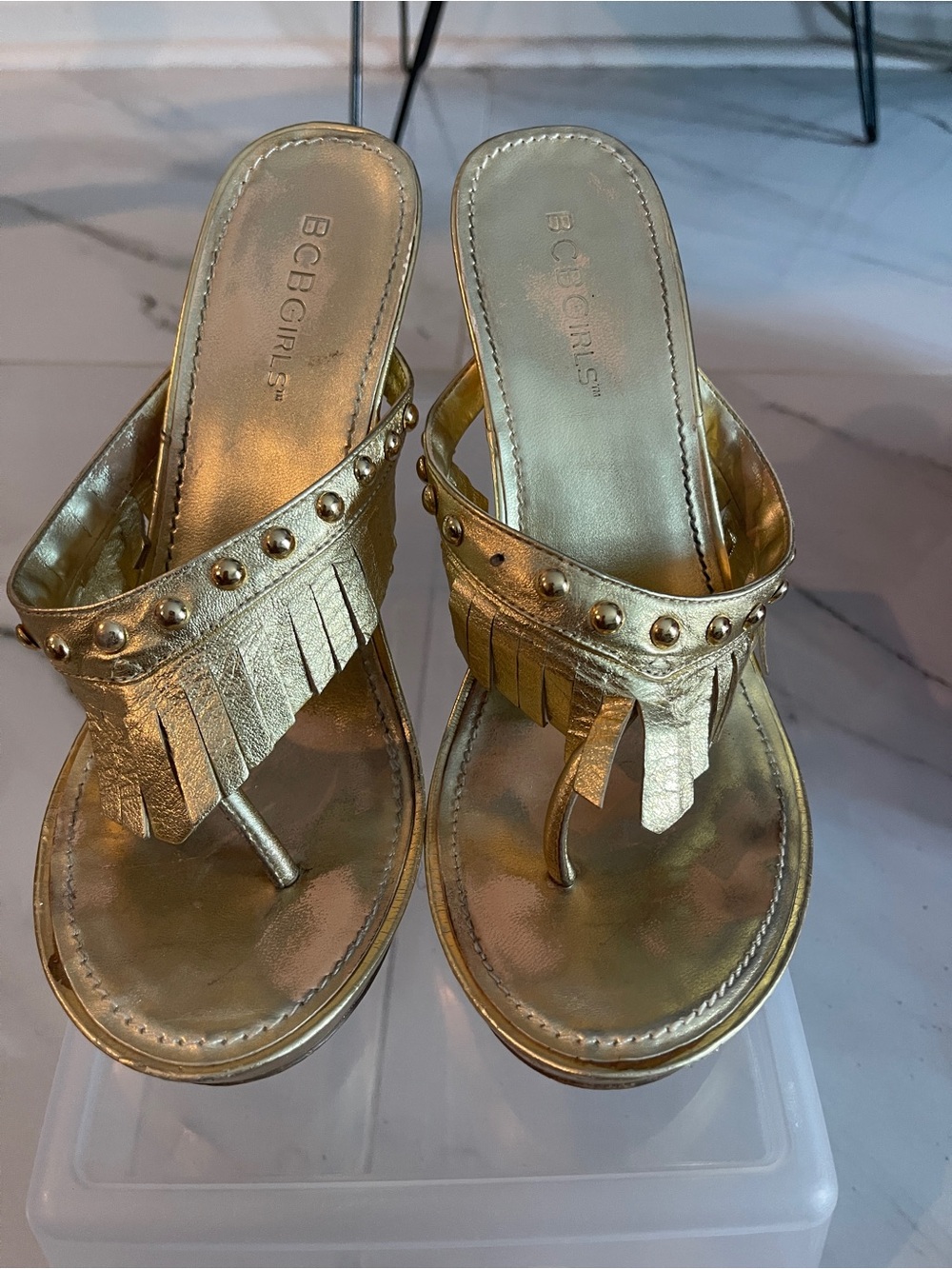 BCBGirls Metallic Gold Fringe Stud Thong Mules Size 6.5